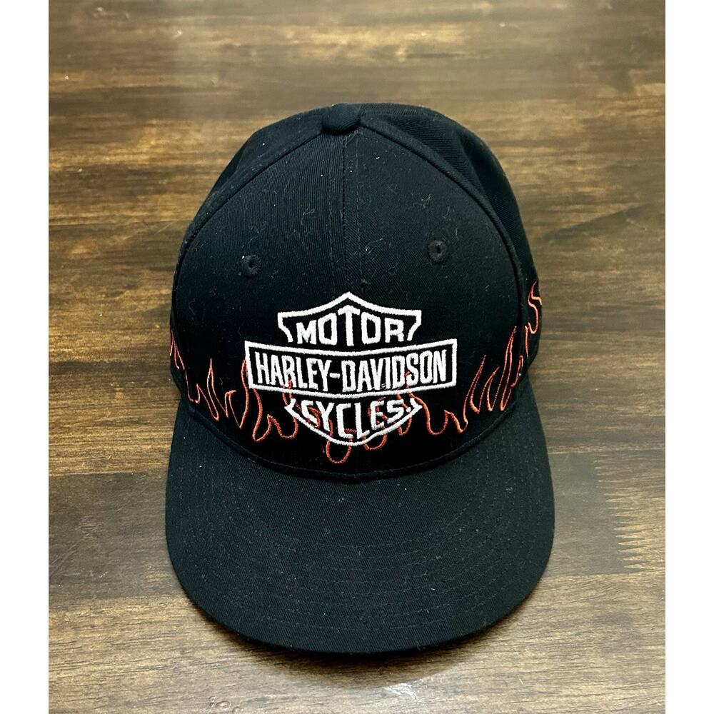 Vintage Y2K Harley Davidson Flame Hat Cap Fitted Size Medium Black Biker Adult